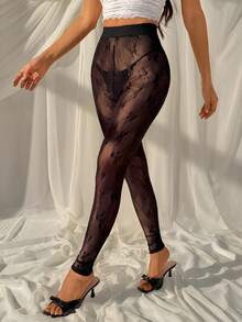 SHEIN EZwear 时尚性感蕾丝网眼女士打底裤 - 黑色 - 查看 3