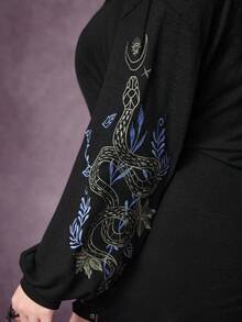ROMWE Setelan 2 Potong Wanita Ukuran Besar Motif Kulit Ular Gothic dengan Bordir Bunga, Terdiri dari Kamisol dan Atasan Luar. - Hitam - View 2