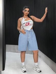 SHEIN ICON 大码纯色休闲牛仔短裤 - 淺色水洗藍 - 查看 5