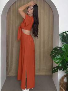 Andrea Bello 素色深V領前打結鏤空高衩洋裝 - 亮橙色 - 查看 3