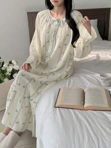 DAZY 女士长款睡裙，通体波浪纹图案，荷叶边下摆 - 白色 - 查看 10