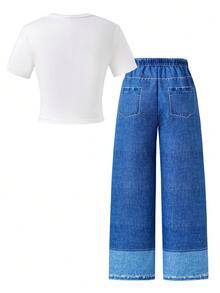 SHEIN 两件套 女童街头时尚休闲百搭坏女孩星形图案贴花修身短款针织T恤 + 牛仔印花宽松工装裤 - 藍色 - 查看 2