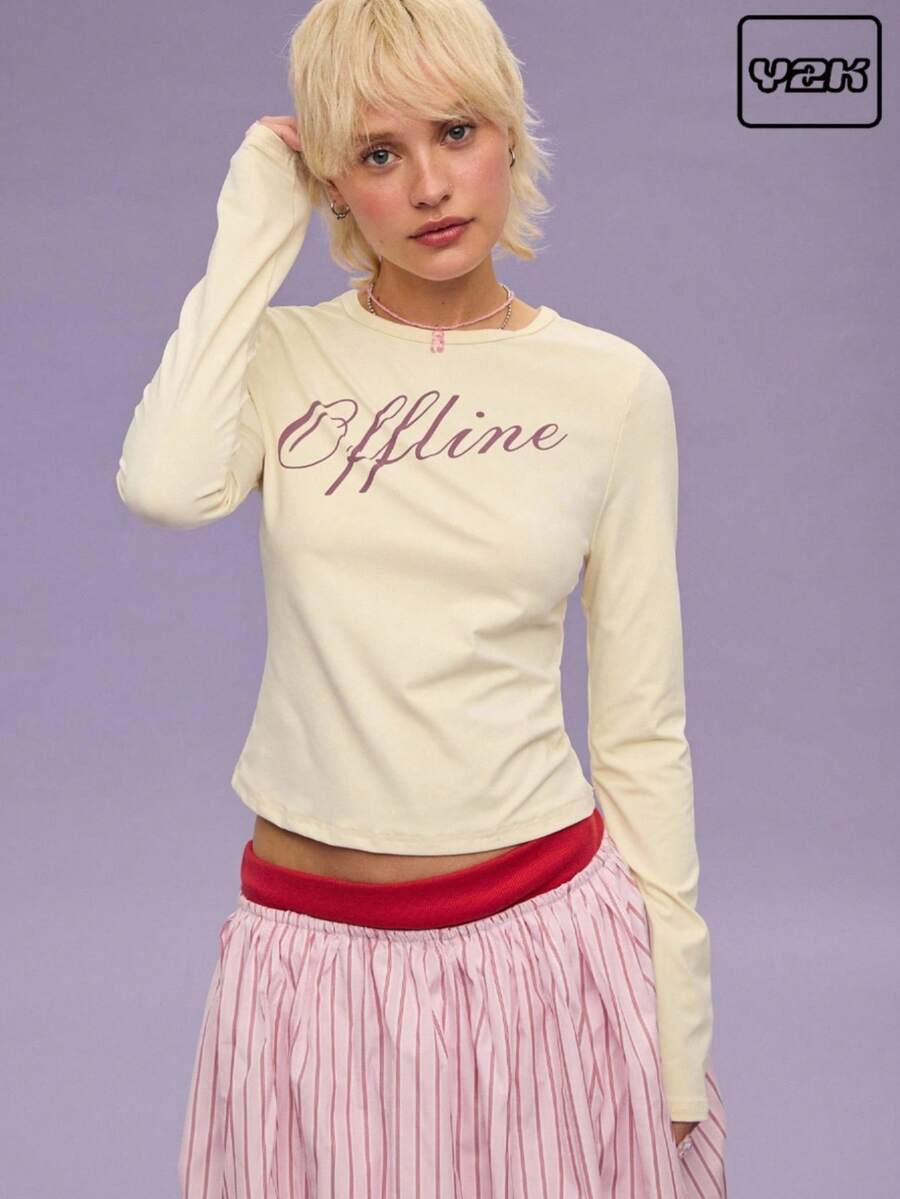 COUREZ Figurbetontes langärmliges Grafik-T-Shirt Sommeroutfit für Frauen/Lässig/Y2K/Lässig Musikfestival Vintage - Gelb - Übersicht 1