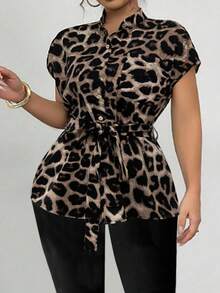 Elenzga Plus Size Women's Elegant Leopard Print Button-Decorated Belted Casual Blouse With Dropped Shoulder Design, Spring/Summer New Arrival - Multicolor - View 3