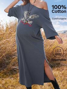 Boho Mama 孕妇休闲鹰纹侧开衩连衣裙，夏季 - 黑色 - 查看 1