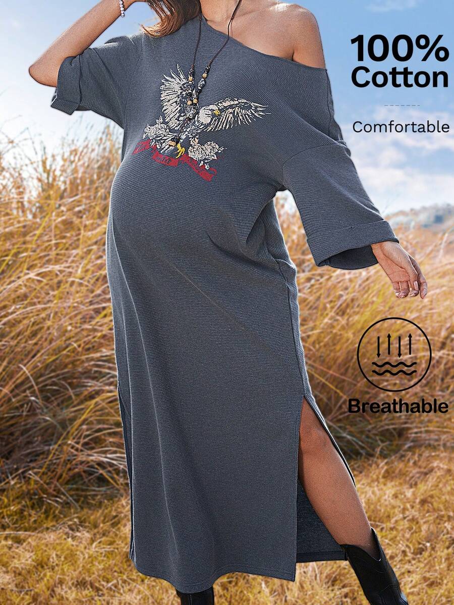 Boho Mama 孕妇休闲鹰纹侧开衩连衣裙，夏季 - 黑色 - 查看 1