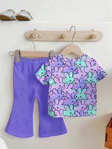 Cute Cartoon Colorful Rabbit Print, Easter, Young Girl Casual Cartoon Pattern Round Neck Short Sleeve Top And Flare Pants 2 Pieces Set, Suitable For Summer 5 6y Crop Top Purple Outfit Girl Trouser Party Outfit 8 Year Old Young Girls Purple Outfit Purple Sets For Girls Pants And Top - Multicolor - View 6