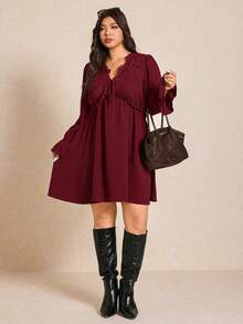 Elaquor Plus Size Elegant Commuter Solid Color Lace Patchwork Dress - Burgundy - View 1
