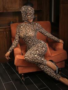 Fantasy Costume 两件套豹纹/猎豹纹网纱拼接透视连体衣+头饰，女士派对、音乐节、夜店、酒吧服装 - 棕色 - 查看 1