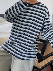 DAZY Women's Casual Striped Loose Long Sleeve Round Neck T-Shirt, Autumn Y2k - Royal Blue - View 6