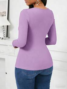 SHEIN Lady Women Autumn Elegant Mesh Splice Fitted Long Sleeve T-Shirt Valentine's Day Valentine Outfits For Women Valentine Clothes Summer Summer Clothes - Mauve Purple - View 2
