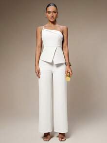 Silquee Conjunto de top de tirantes y pantalones con cuello asimétrico para mujer - Blanco - Ver 4