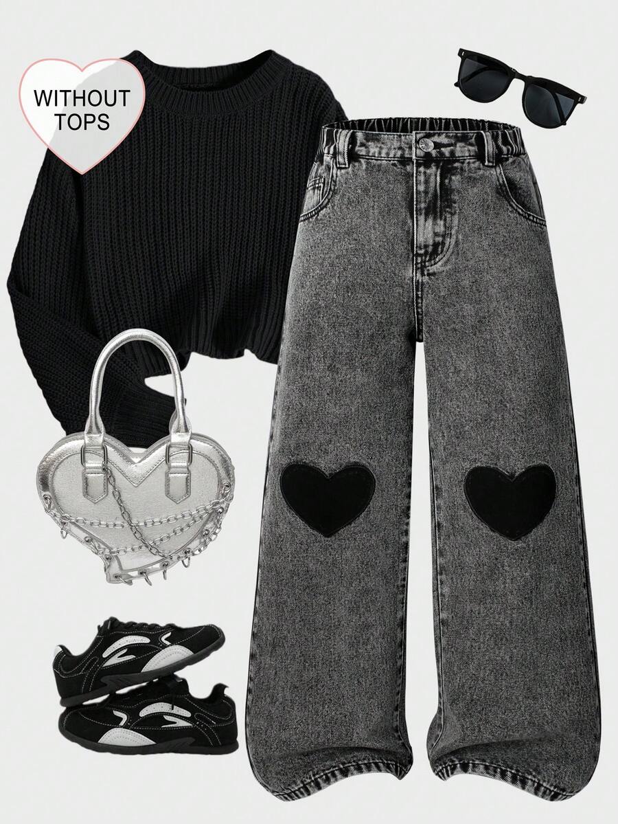 SHEIN ChillGRL Girls' Casual Straight Leg Wide Leg Embroidered Heart Chic & Simple 2025 New Versatile Multi-Pocket Washed Denim Jeans, Suitable For Daily Wear Girls' Loose Jeans Y2K Deep Gray Wide-Leg Jeans, Girls' Loose-Fitting Jeans, Relaxed Denim Pants, 2026 New Aesthetic Youth Clothing. Girls' Jeans, 2026 New Arrival, Light Wash Denim With Heart Embroidery, - Grey - View 1