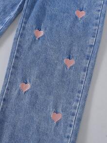 Sparklyn 少女Y2K复古风中蓝色水洗牛仔裤，饰有粉色爱心刺绣，宽松直筒版型，面料柔软舒适，时尚百搭，女童牛仔裤 - 中等水洗藍 - 查看 5