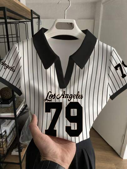 Rovax Women's Casual Striped Numeric Print Short Sleeve Top, Summer