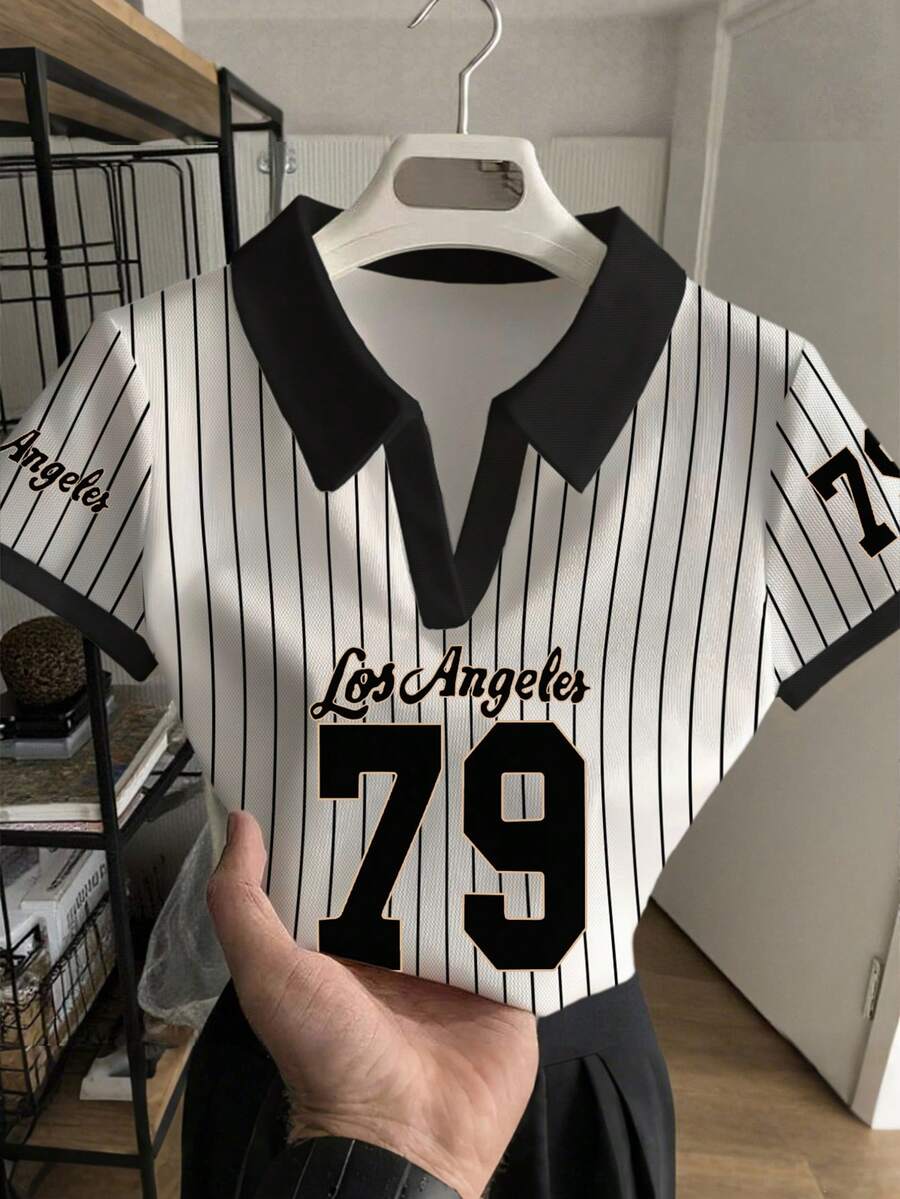 Rovax 女士休闲条纹数字印花短袖上衣，夏季 - 黑與白 - 查看 1