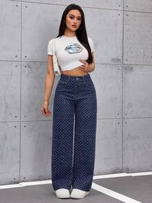 SHEIN ICON 女士复古宽松直筒阔腿牛仔裤 - 深色水洗藍 - 查看 3