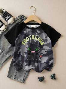 SHEIN How to Train Your Dragon Young Boy Summer Casual Dragon & Camouflage Print Patchwork T-Shirt - Army Green - View 1