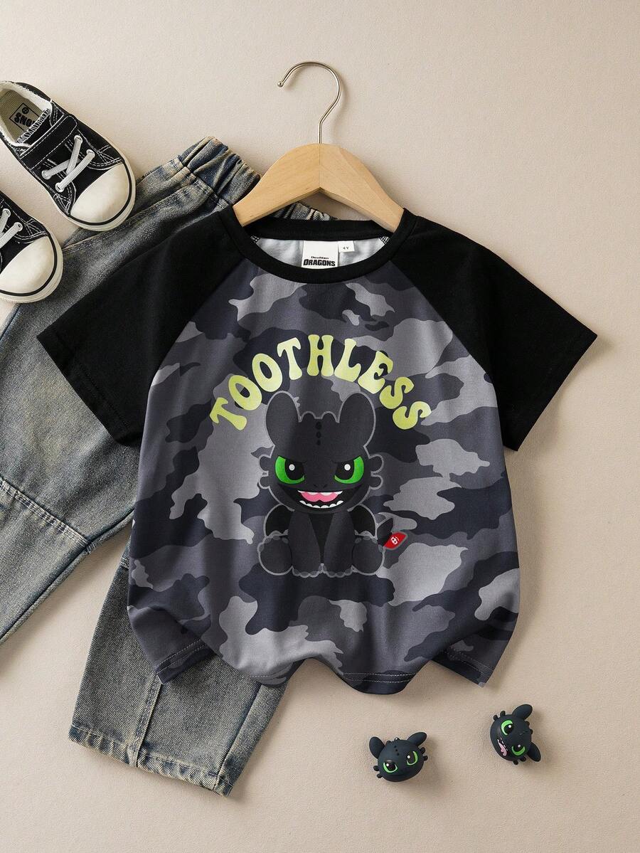 SHEIN How to Train Your Dragon Young Boy Summer Casual Dragon & Camouflage Print Patchwork T-Shirt - Army Green - View 1