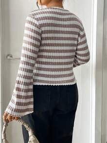 Lounesse Plus Size Women Striped Design Casual Commuter Fashion Long Sleeve T-Shirt Knit Tops Bell Sleeve Knit Top Women For Spring, Spring Outfits For Women Striped Top Long Sleeve Top - Multicolor - View 2