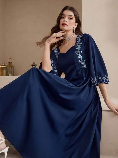 Yasmyna Women's Elegant Floral Embroidered Arabic Style Dress