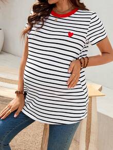 SHEIN Maternity Clothes Maternity Tops Leisure Vacation Summer Maternity Casual Striped Short-Sleeved T-Shirt With Red Heart Embroidery, Made Of Summer Casual Cotton Fabric. High Elasticity. - White - View 7