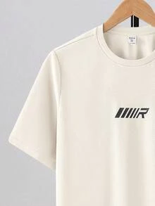 SHEIN 2件套青少年男童休闲简约字母印花圆领套头衫套装，适合夏季、运动、跑步、户外活动 - 杏色 - 查看 4