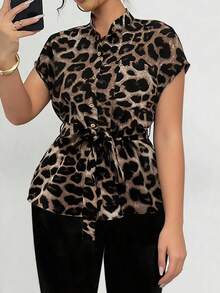 Elenzga Plus Size Women's Elegant Leopard Print Button-Decorated Belted Casual Blouse With Dropped Shoulder Design, Spring/Summer New Arrival - Multicolor - View 5