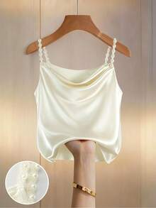 Franclia Women's Elegant Fashion Minimalist Versatile Pearl Chain Draped Neck Satin Tank Top, Spring/Summer - Apricot - View 1