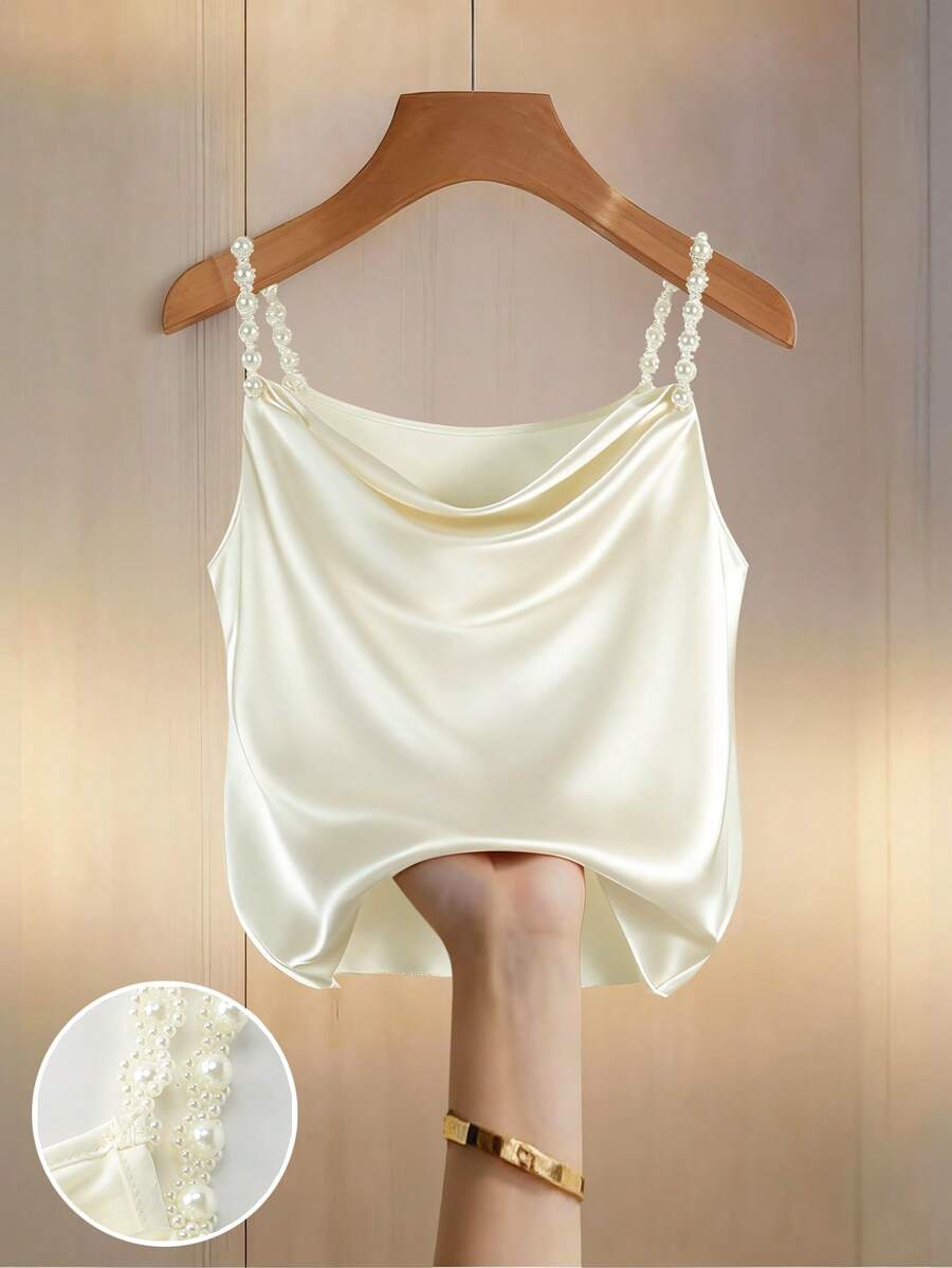 Franclia Women's Elegant Fashion Minimalist Versatile Pearl Chain Draped Neck Satin Tank Top, Spring/Summer - Apricot - View 1
