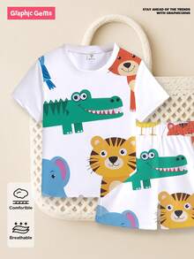 SHEIN Playful Pals 1 Set Infant & Toddler Cartoon Print Outfit, Full Print Tiger, Crocodile And Other Adorable Animal Patterns, Short Sleeve Top And Shorts Set, Lightweight Daily Wear, Suitable For Spring/Summer - Multicolor - View 8