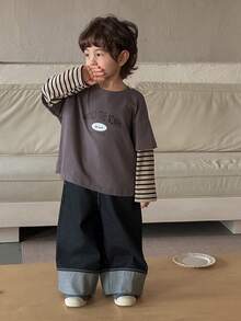 Hapijoa Toddler Boys Loose Casual Striped Patchwork Sleeve 2 In 1 Letter Print T-Shirt, Autumn - Grey - View 5