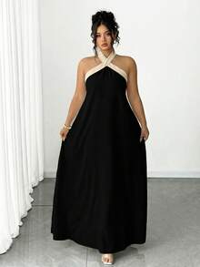 Elenzga Bộ sưu tập Kooky Elegance không bao giờ lỗi mốt (Phong cách u sầu) (Phong cách ngày thứ Tư) Đầm cổ yếm phối màu cỡ lớn - màu đen - Xem 6