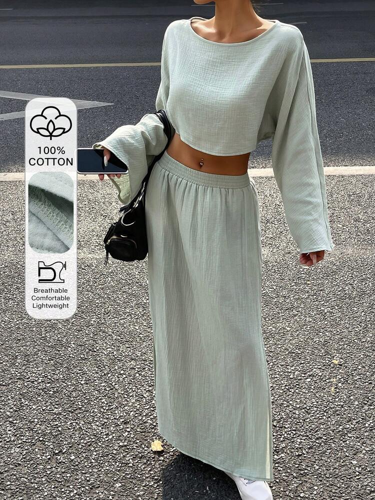 2pcs Women Solid Color Fitted Short Long Sleeve Pullover Shirt And Elastic Waist Split Skirt Elegant Resort Outfit, Spring/Autumn