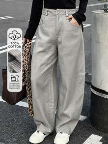 DAZY Women's Loose Solid Color Cargo Pants With Pockets, Casual Street Style, Autumn/Winter Y2k - Grey - View 1