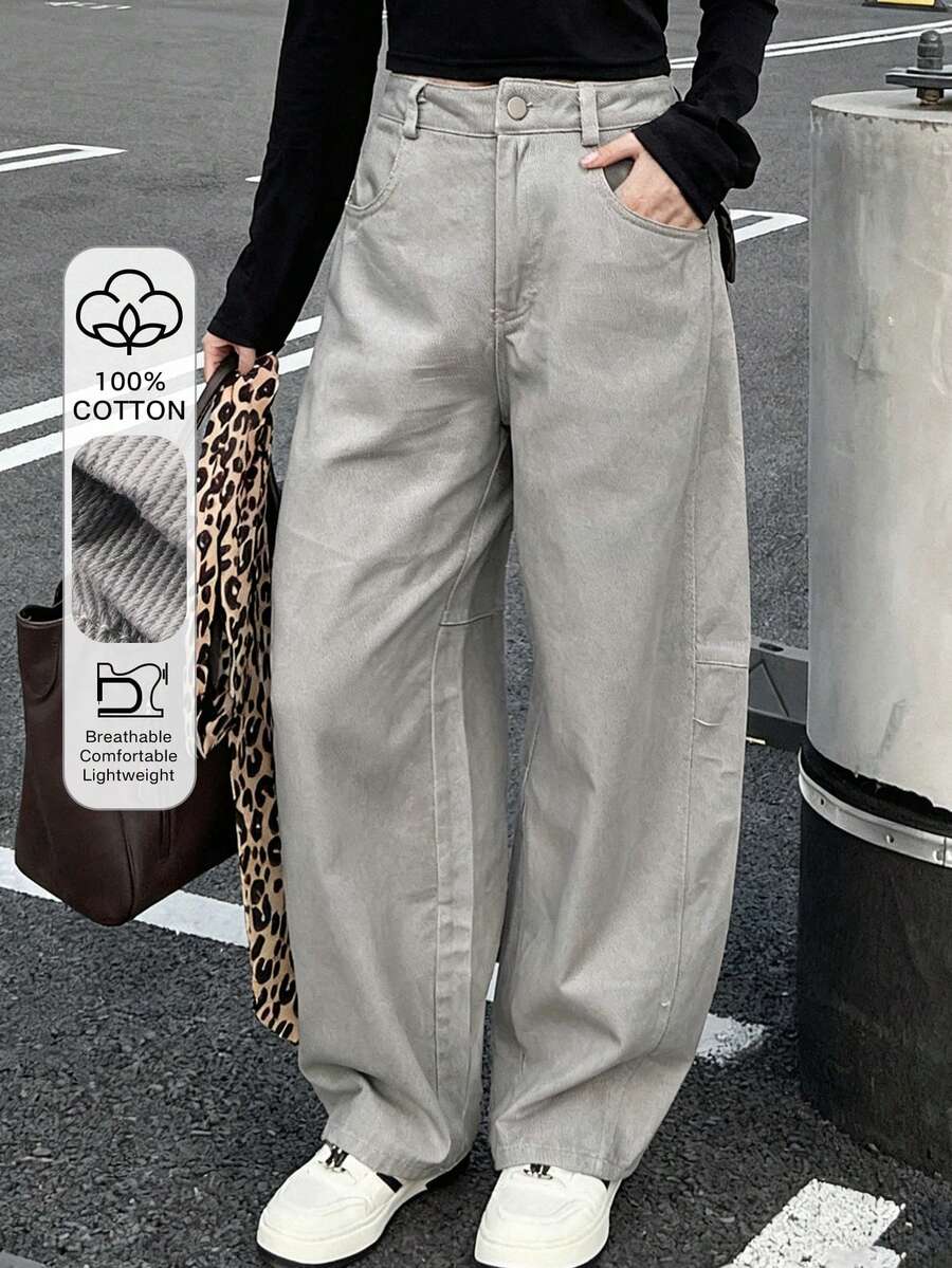 DAZY Women's Loose Solid Color Cargo Pants With Pockets, Casual Street Style, Autumn/Winter Y2k - Grey - View 1