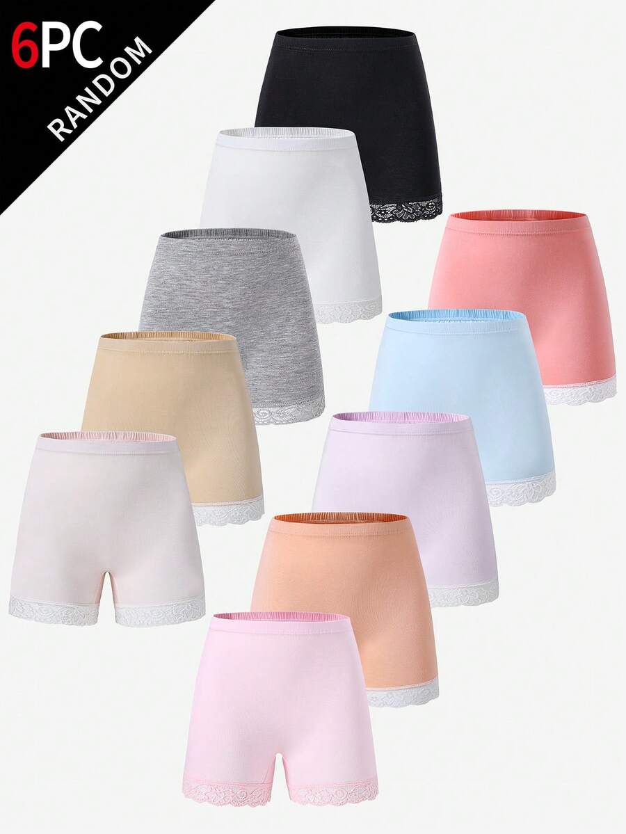 Random 6pcs/Set Girls Lace Patchwork Solid Color Comfortable Briefs, Shorts Bottoms - Multicolor - View 1