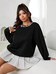 SHEIN EZwear 大码宽松圆领落肩长袖铆钉休闲套头卫衣，秋冬女装 - 黑色 - 查看 5