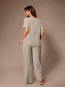 Lazeform Plus Size Casual Loose Knit V-Neck Short Sleeve Pajama Set, Suitable For Loungewear - Khaki - View 2