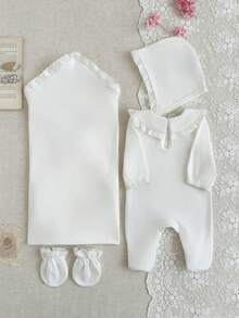 4-Piece Newborn Outfit Set: Cute Peter Pan Collar White Lace Romper, Hat, Swaddle Wrap, And Gloves Baby Girl Clothes Lace Trim Fall Winter - White - View 2