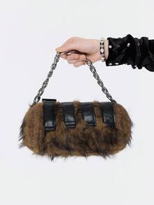 ROMWE Grunge Punk 2000s Style Women  Handbags,Punk Rivet Biker Bags,Metal Chain Bag,Fur Purse ,Autumn & Winter Wallets(Random Pattern) - Brown - View 4