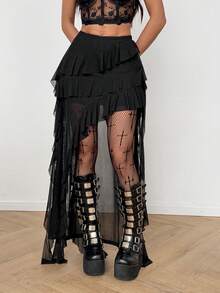 Coolane Women's Summer Tropical Vacation  Beach Outfits  Goth Y2K Concert Streetwear Vacations Boho Y2K Country Concert Gyaru Lace Asymmetrical Ruffle Fringe Black Low Rise Long Skirt - Black - View 7