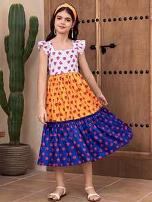 Tween Girls' Casual Vacation Square Neck Long Floral Patchwork Loose A-Line Woven Print Dress - Multicolor - View 6