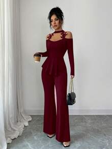 Elenzga 优雅性感女士派对/约会/通勤两件套：蕾丝边露背不对称下摆长袖上衣和修身纯色喇叭裤，秋冬款 - 酒紅色 - 查看 8