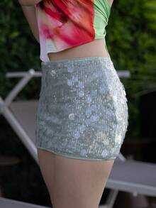 Andrea Bello Spring Summer Women's Solid Color Sequin Short Skirt For Party/Sequin Mini Skirt/Summer Skirt For Women, Club Sexy,Concert - Green - View 5