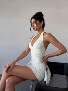 Firerie Elegant Romantic V-Neck Sleeveless Textured Bodycon Mini Dress, Suitable For Date Nights, Spring/Summer - Apricot - View 1