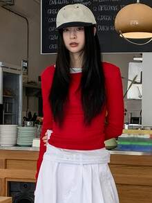 DAZY 女士扭结镂空长袖T恤，修身短款上衣 - 紅色 - 查看 5