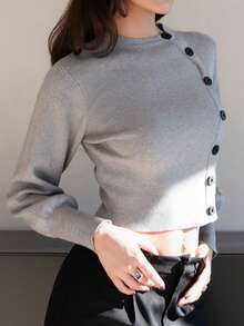 Bris Aura 女士优雅不对称纽扣开衫，秋冬 - 灰色 - 查看 5