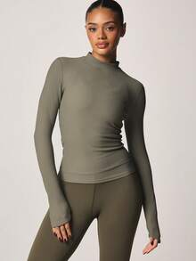 MISSGUIDED Ribbed Long Sleeve High Neck Fitted Top Olive Green Athleisure Training Essential - Grass Green - View 1