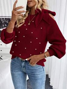 EMERY ROSE Women's Fashion Pearl Detail Bow Shoulder Sweater Burgundy Sweater Women's Sweater Cold Shoulder Sweater Pearl Sweater - Burgundy - View 3